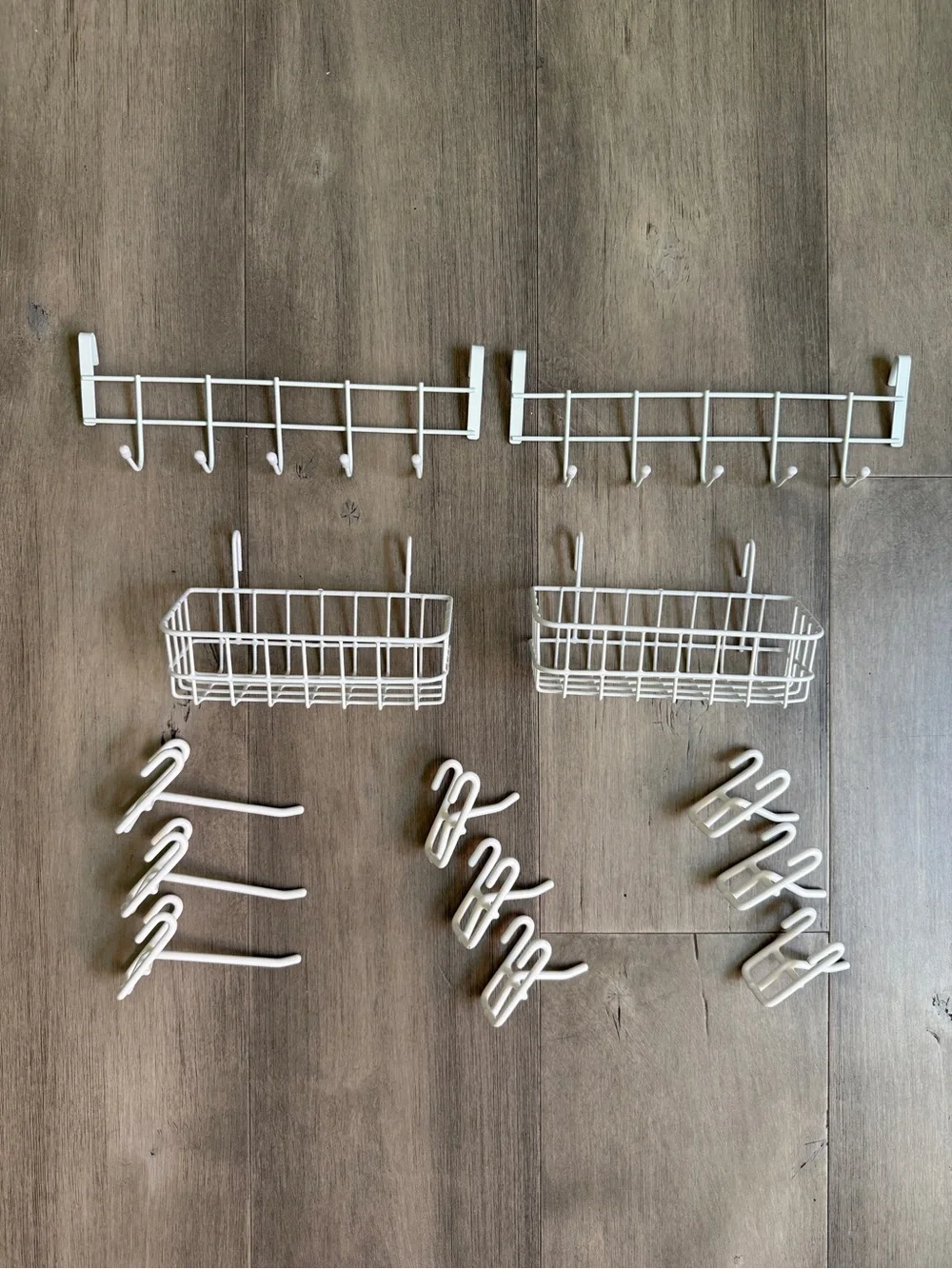 White baskets and hooks